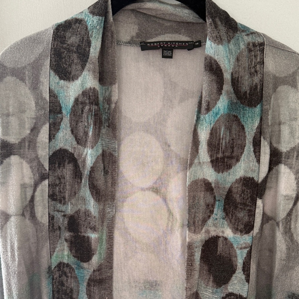 Robert kitchen Long Open-Front Gray & Teal Dot Cardigan size medium